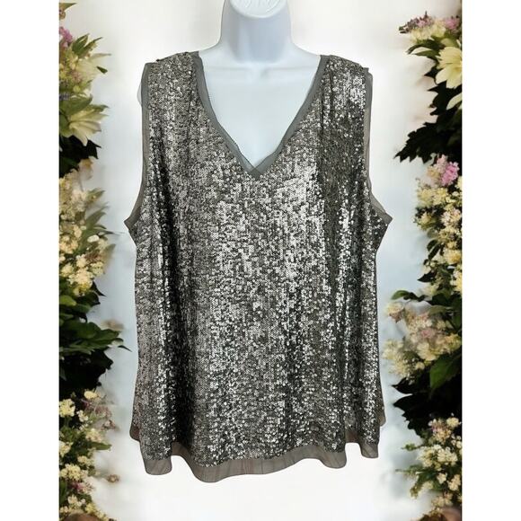 Talbots Woman Silver Sequin V-Neck Blouse Sz 22W Sleeveless Top Fancy Plus Size - Picture 1 of 7